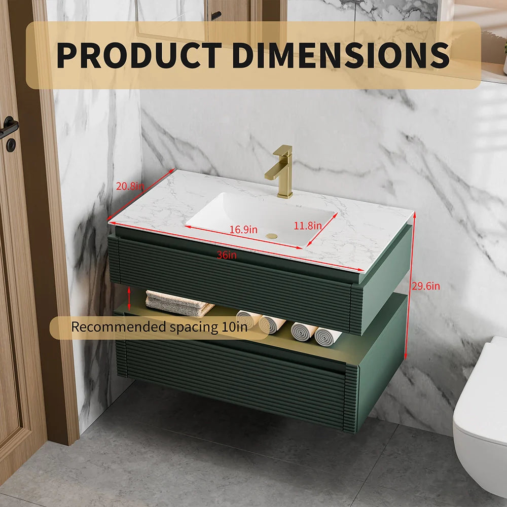 36 Inch Wall Mounted Single Bathroom Vanity with Marble Countertop