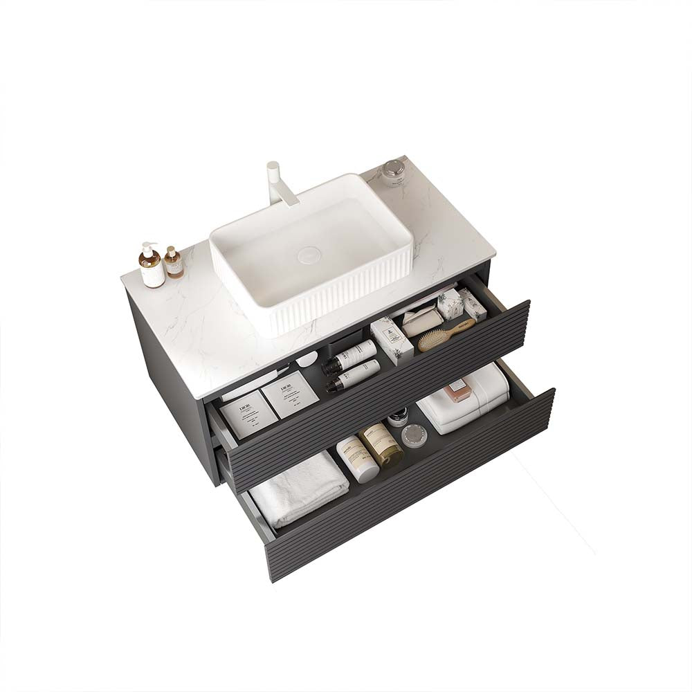 36" Wall-Mounted Gray Bathroom Vanity with Vessel Sink No Faucet