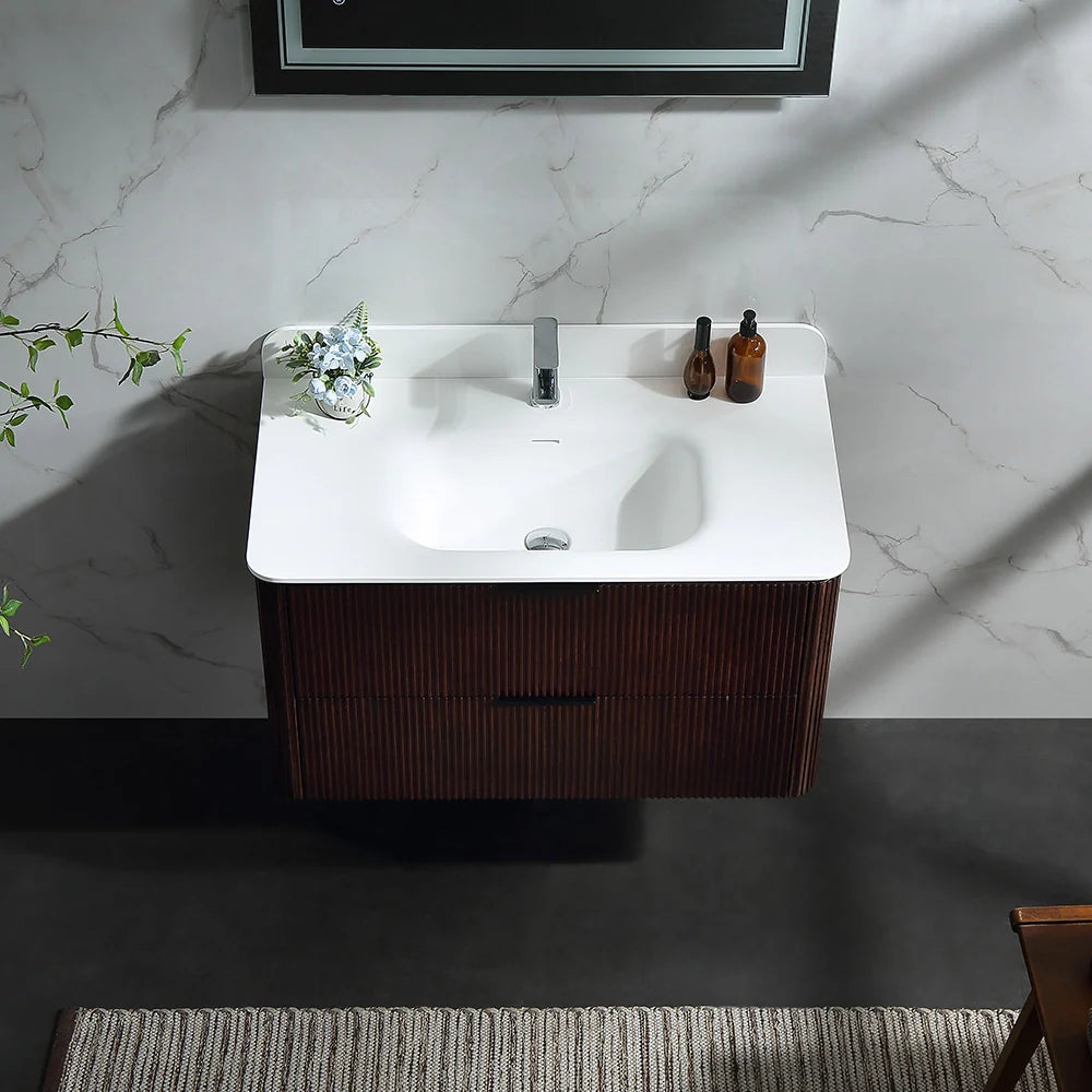 36 Inch Reeded Oak Bathroom Floating Vanity with Single Sink