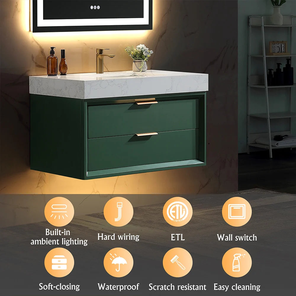 36 Inch Wall-Mounted Bathroom Vanity with Engineered Stone Top