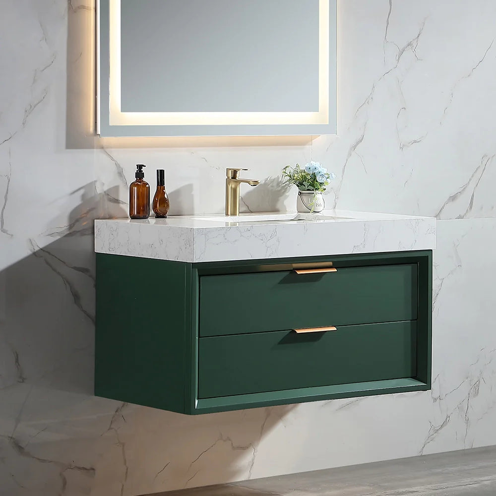 36 Inch Wall-Mounted Bathroom Vanity with Engineered Stone Top