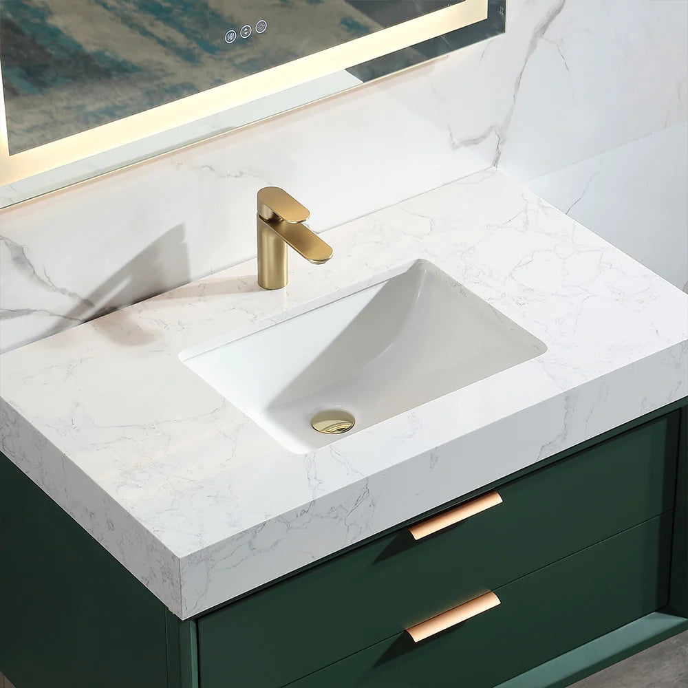 36 Inch Wall-Mounted Bathroom Vanity with Engineered Stone Top