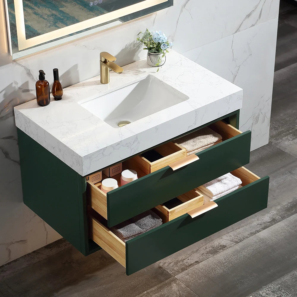 36 Inch Wall-Mounted Bathroom Vanity with Engineered Stone Top