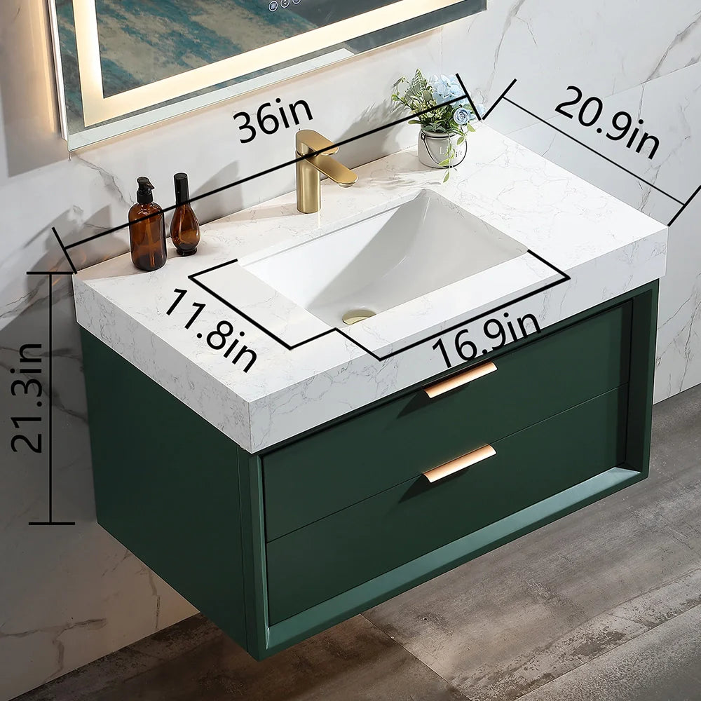 36 Inch Wall-Mounted Bathroom Vanity with Engineered Stone Top