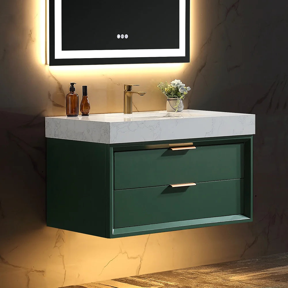 36 Inch Wall-Mounted Bathroom Vanity with Engineered Stone Top