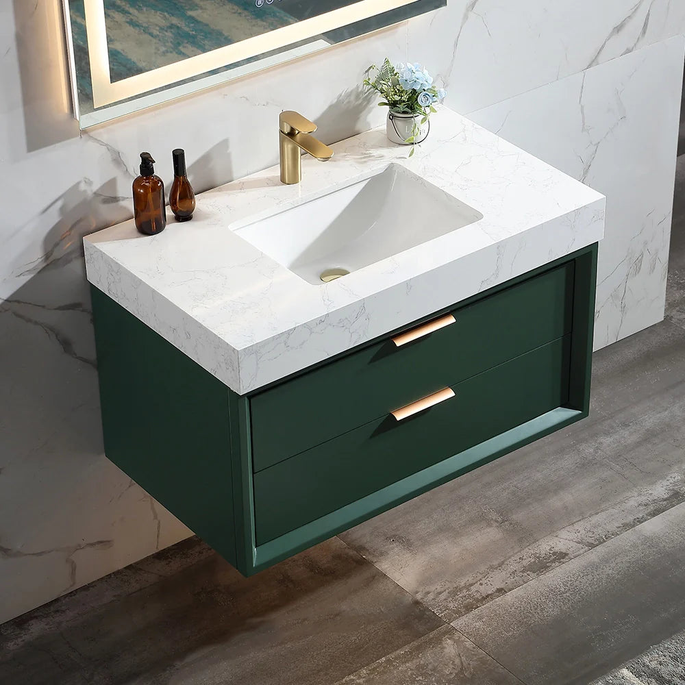 36 Inch Wall-Mounted Bathroom Vanity with Engineered Stone Top