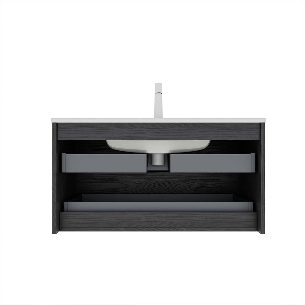 36" Wall-Mounted Dark Oak Bathroom Vanity with Sink No Faucet