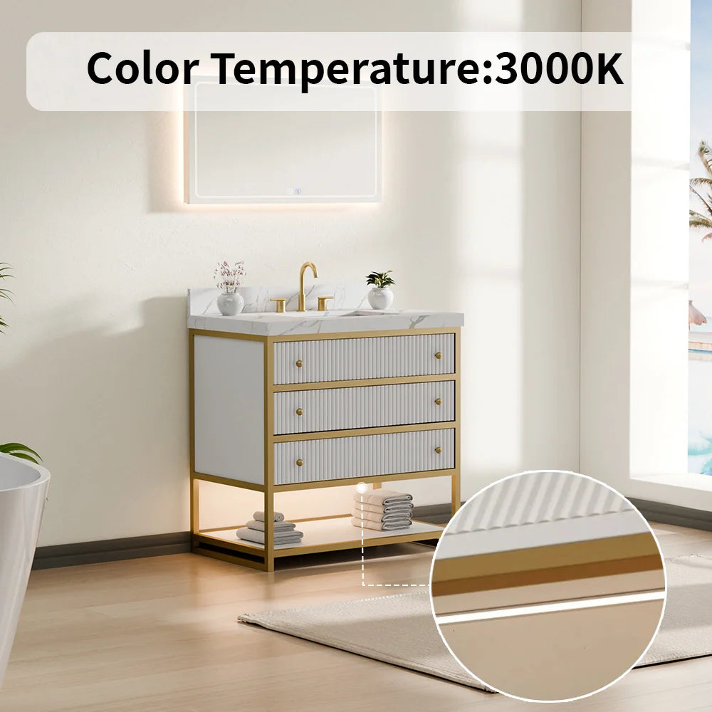 36-In Fluted Solid Wood Luxury Gold Bathroom Vanity, PU Lacquer and Titanium Stainless Steel – Single Sink