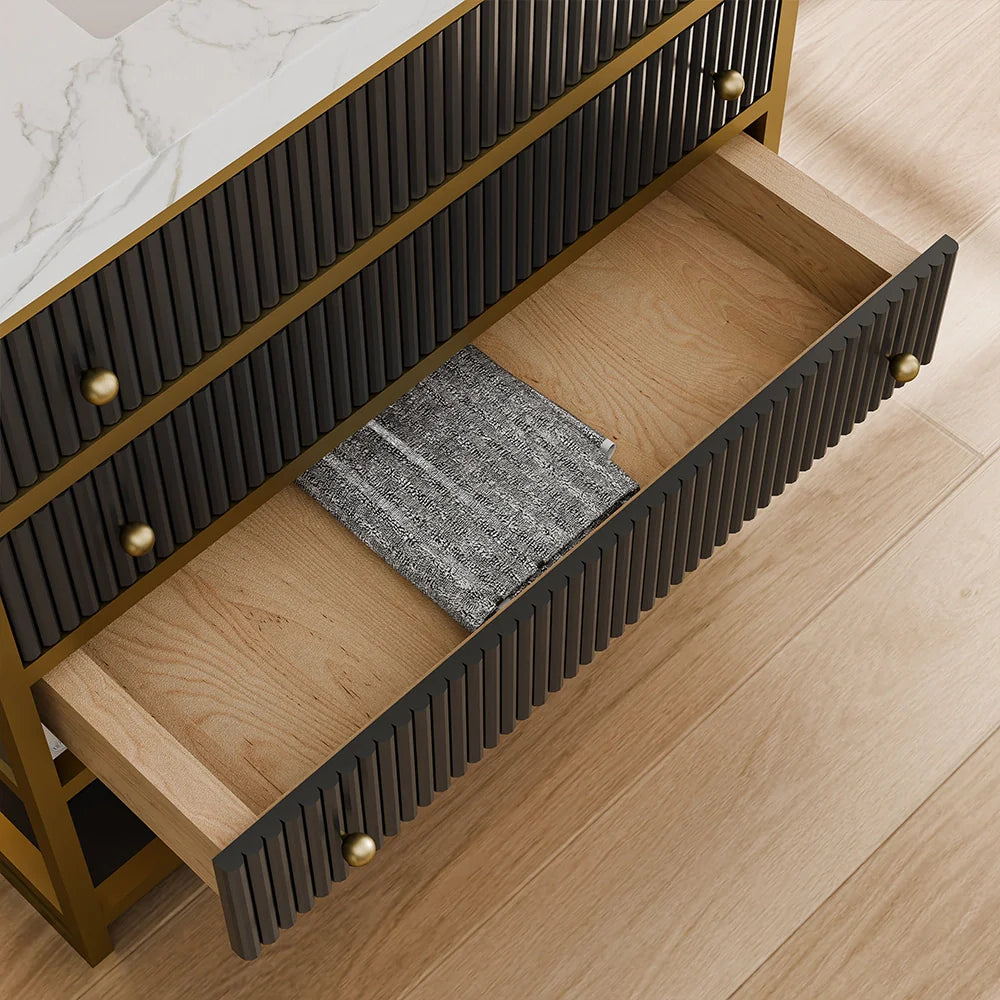 36-In Fluted Solid Wood Luxury Gold Bathroom Vanity, PU Lacquer and Titanium Stainless Steel – Single Sink