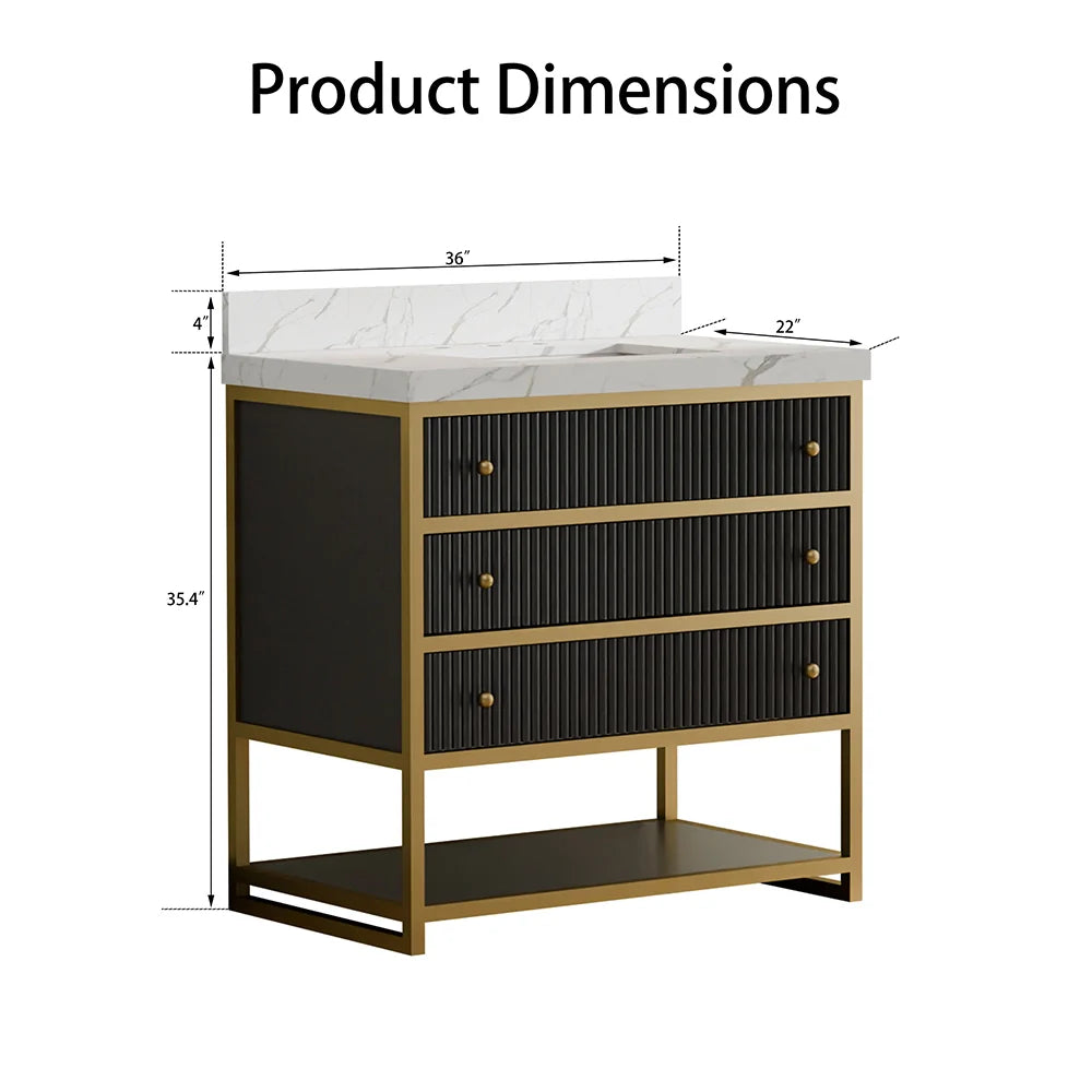 36-In Fluted Solid Wood Luxury Gold Bathroom Vanity, PU Lacquer and Titanium Stainless Steel – Single Sink
