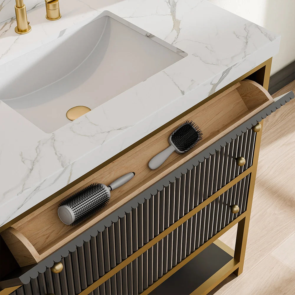 36-In Fluted Solid Wood Luxury Gold Bathroom Vanity, PU Lacquer and Titanium Stainless Steel – Single Sink
