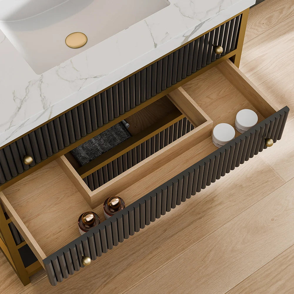 36-In Fluted Solid Wood Luxury Gold Bathroom Vanity, PU Lacquer and Titanium Stainless Steel – Single Sink
