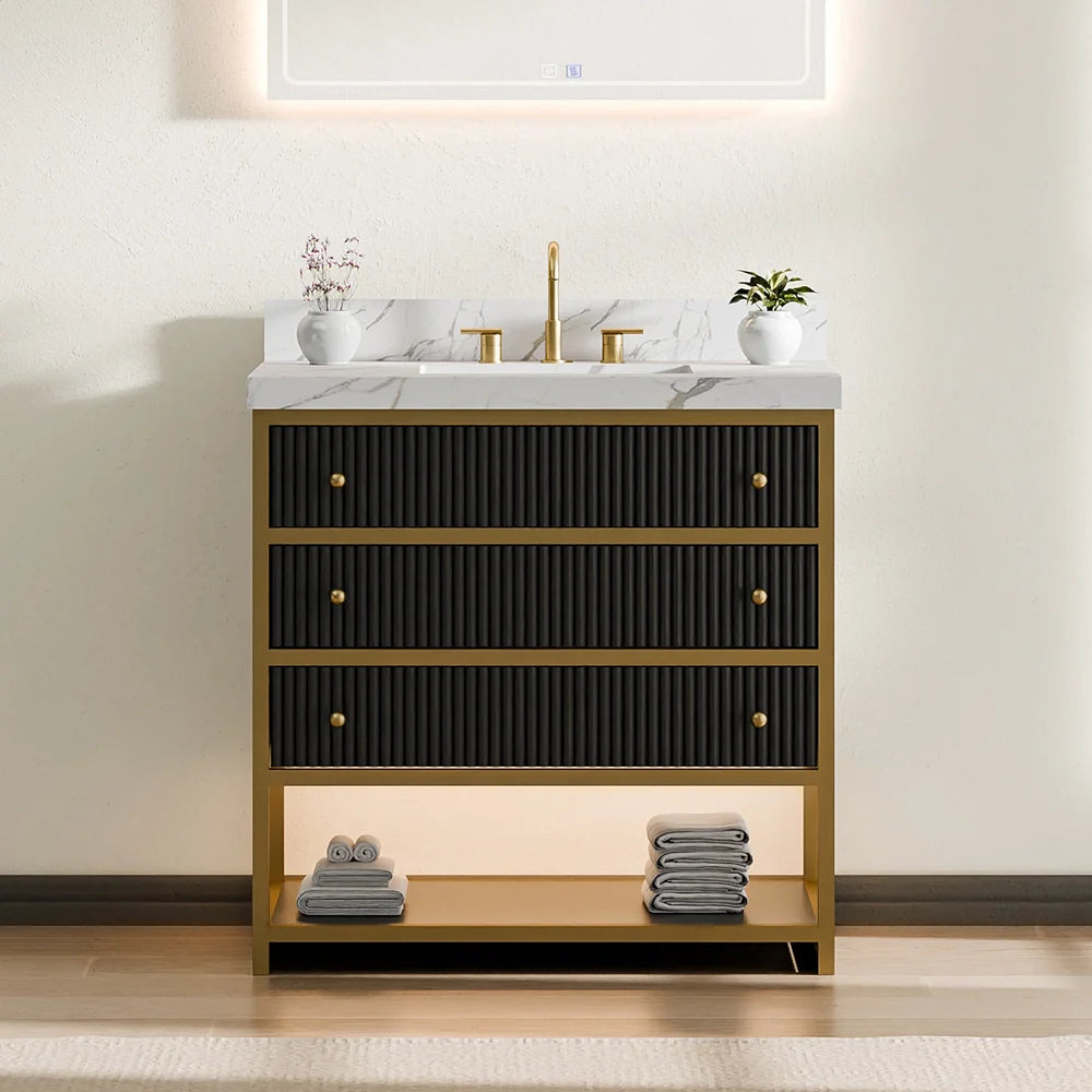 36-In Fluted Solid Wood Luxury Gold Bathroom Vanity, PU Lacquer and Titanium Stainless Steel – Single Sink