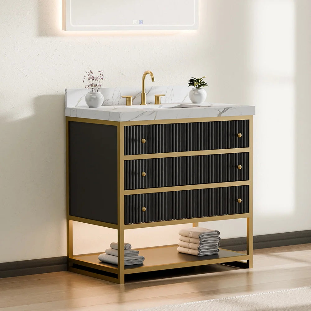 36-In Fluted Solid Wood Luxury Gold Bathroom Vanity, PU Lacquer and Titanium Stainless Steel – Single Sink
