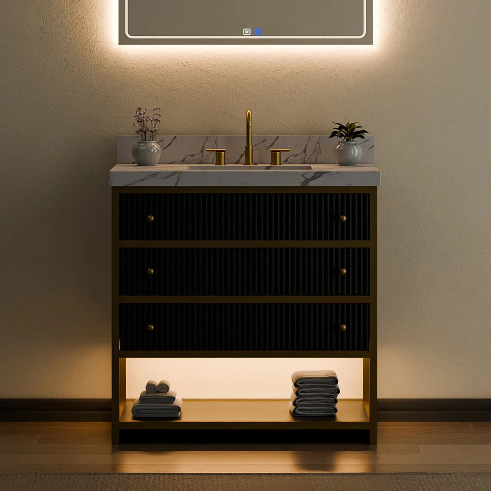 36-In Fluted Solid Wood Luxury Gold Bathroom Vanity, PU Lacquer and Titanium Stainless Steel – Single Sink