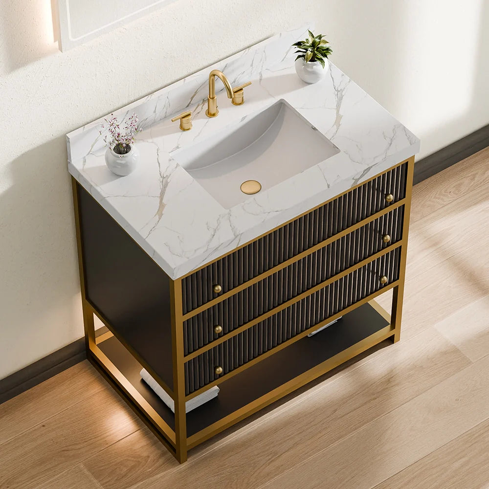 36-In Fluted Solid Wood Luxury Gold Bathroom Vanity, PU Lacquer and Titanium Stainless Steel – Single Sink