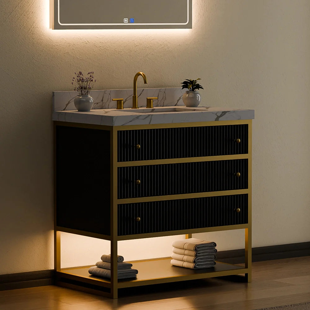 36-In Fluted Solid Wood Luxury Gold Bathroom Vanity, PU Lacquer and Titanium Stainless Steel – Single Sink