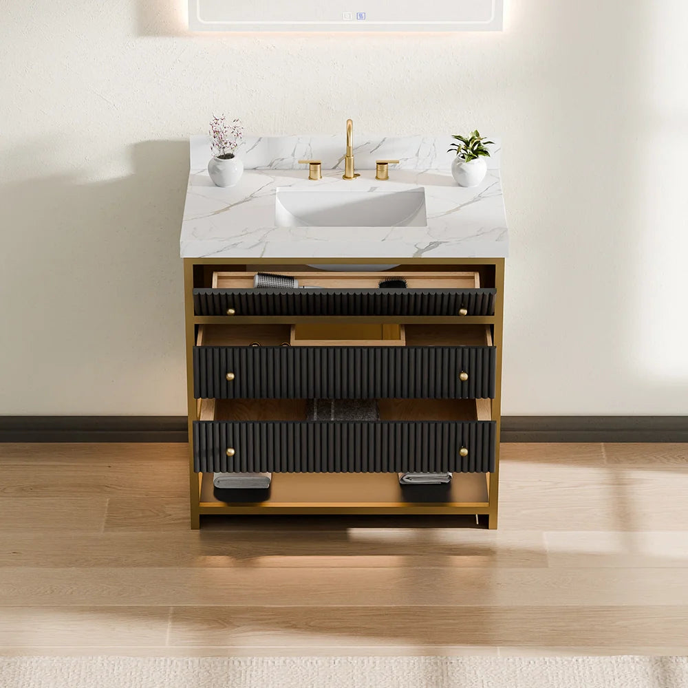 36-In Fluted Solid Wood Luxury Gold Bathroom Vanity, PU Lacquer and Titanium Stainless Steel – Single Sink