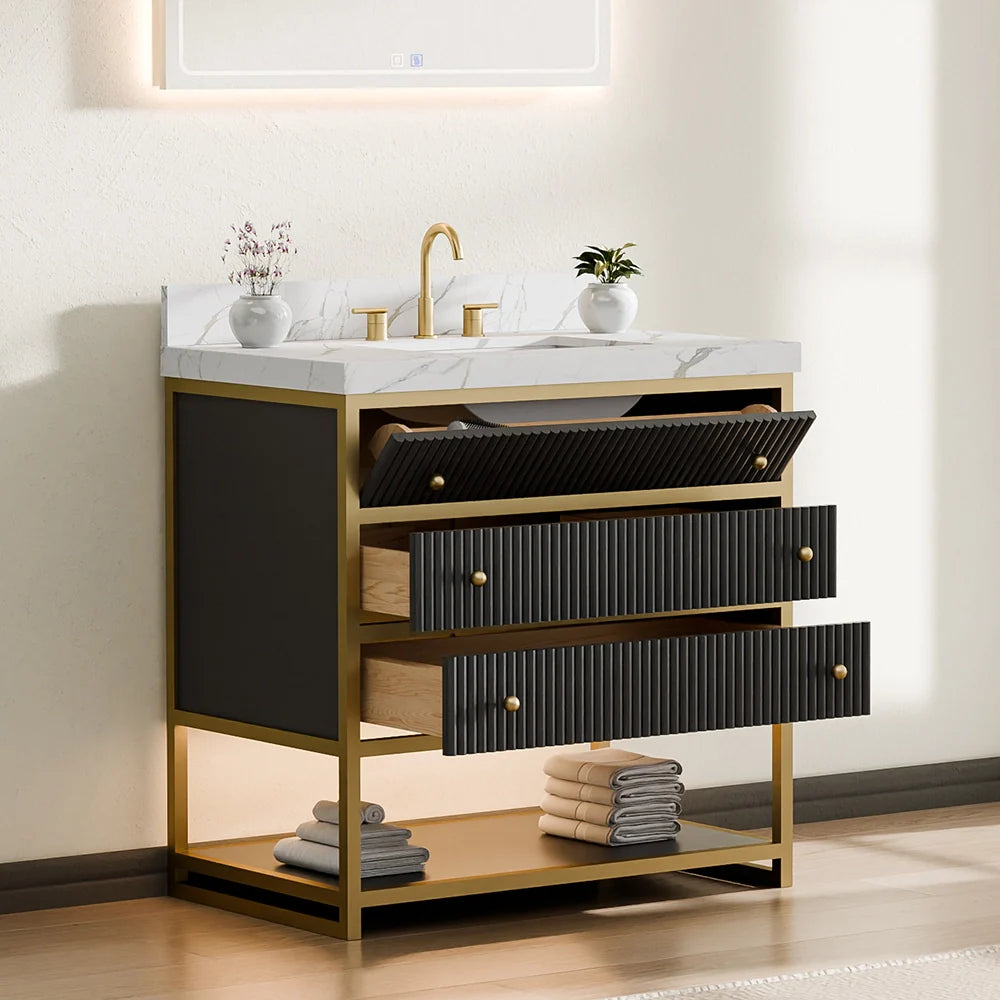 36-In Fluted Solid Wood Luxury Gold Bathroom Vanity, PU Lacquer and Titanium Stainless Steel – Single Sink