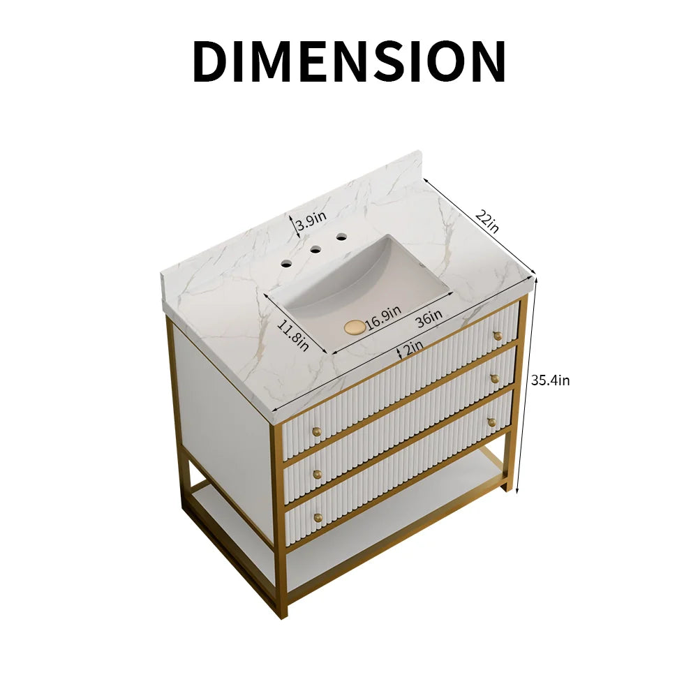36-In Fluted Solid Wood Luxury Gold Bathroom Vanity, PU Lacquer and Titanium Stainless Steel – Single Sink