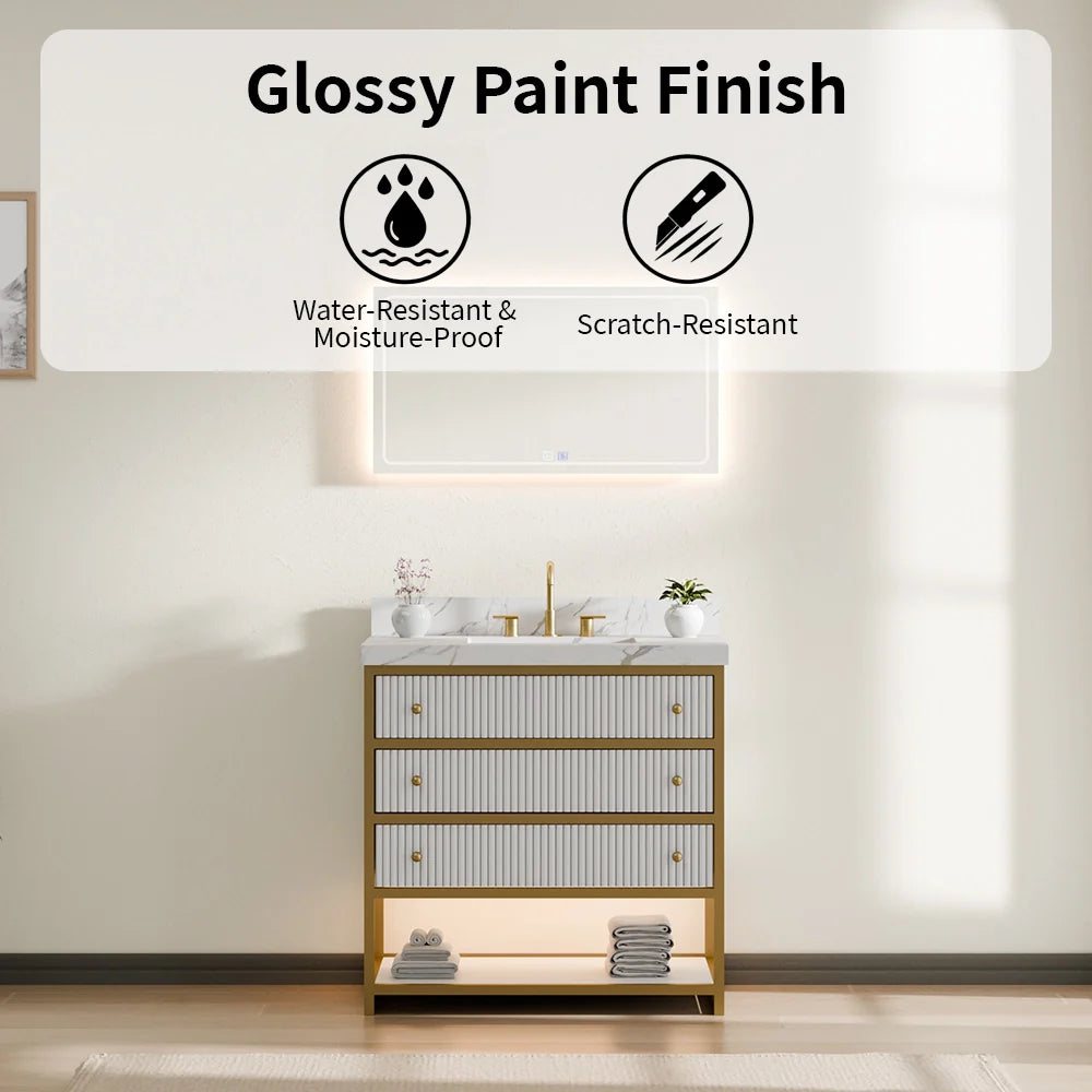 36-In Fluted Solid Wood Luxury Gold Bathroom Vanity, PU Lacquer and Titanium Stainless Steel – Single Sink