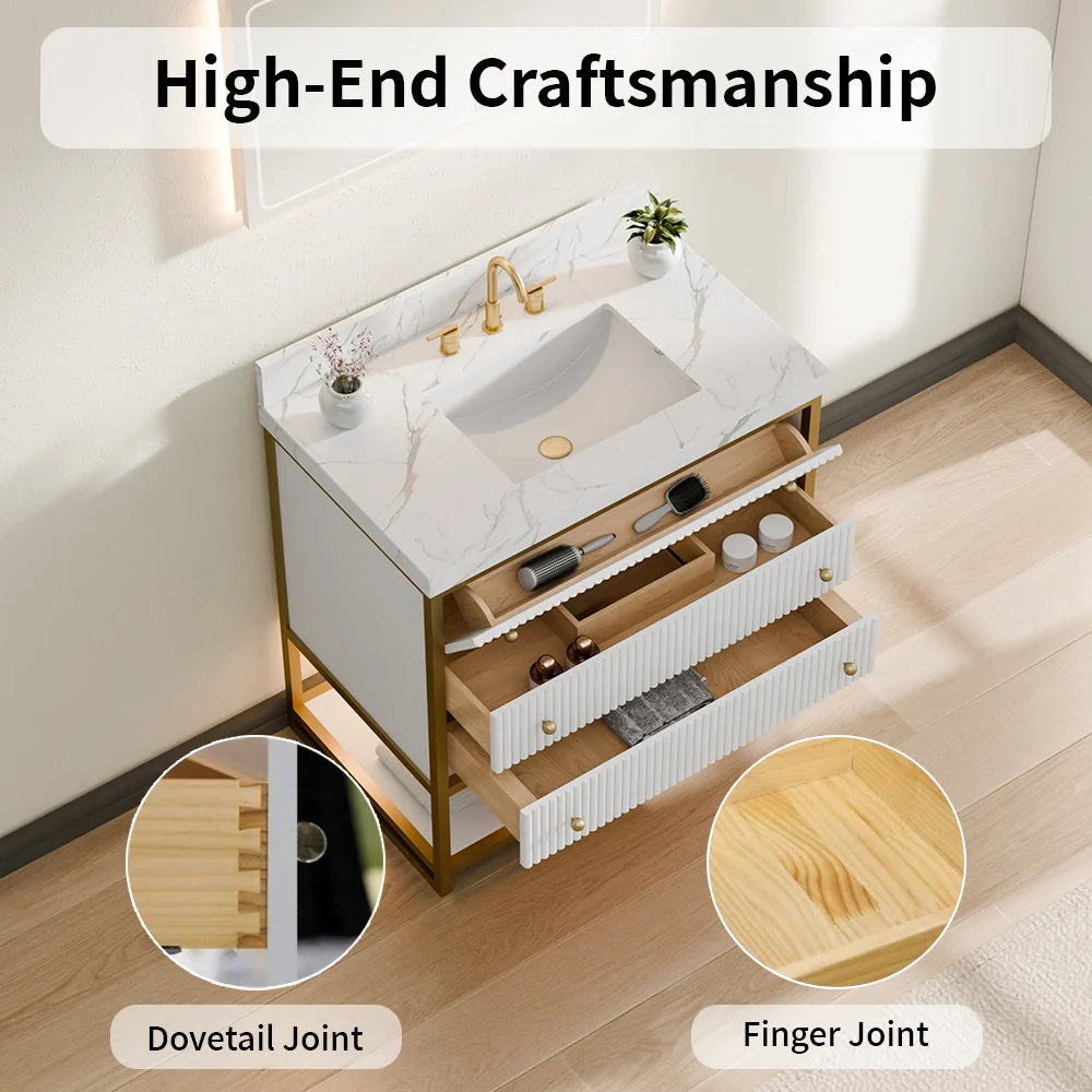 36-In Fluted Solid Wood Luxury Gold Bathroom Vanity, PU Lacquer and Titanium Stainless Steel – Single Sink