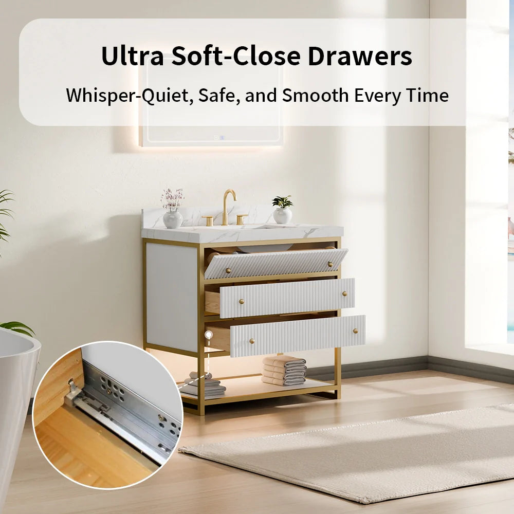 36-In Fluted Solid Wood Luxury Gold Bathroom Vanity, PU Lacquer and Titanium Stainless Steel – Single Sink