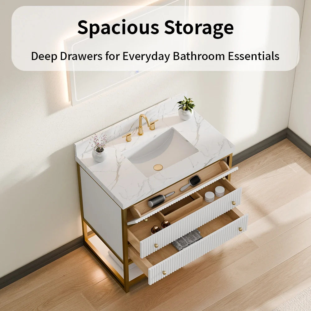 36-In Fluted Solid Wood Luxury Gold Bathroom Vanity, PU Lacquer and Titanium Stainless Steel – Single Sink