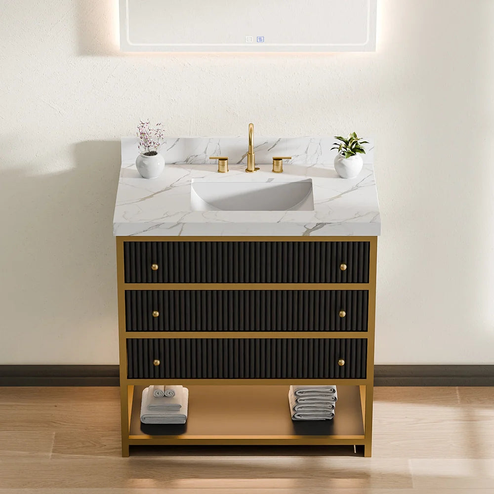 36-In Fluted Solid Wood Luxury Gold Bathroom Vanity, PU Lacquer and Titanium Stainless Steel – Single Sink