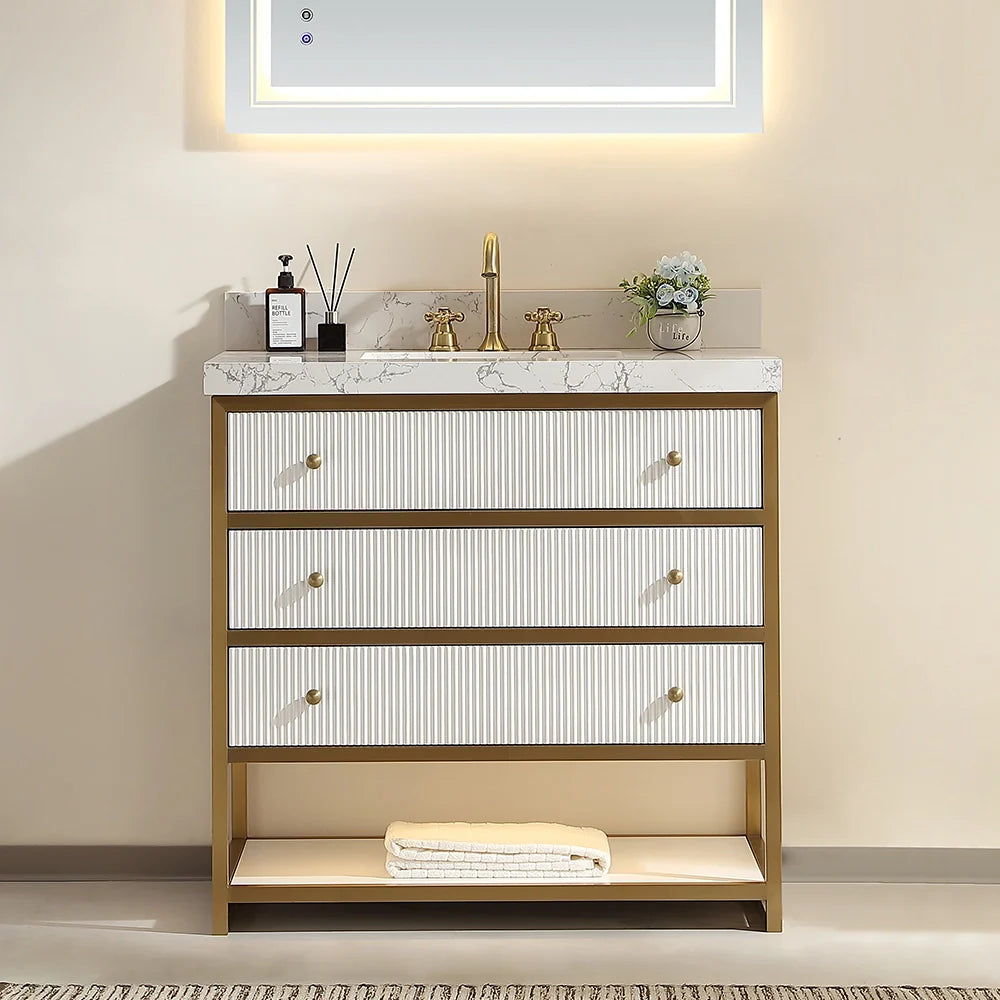 36-In Fluted Solid Wood Luxury Gold Bathroom Vanity, PU Lacquer and Titanium Stainless Steel – Single Sink