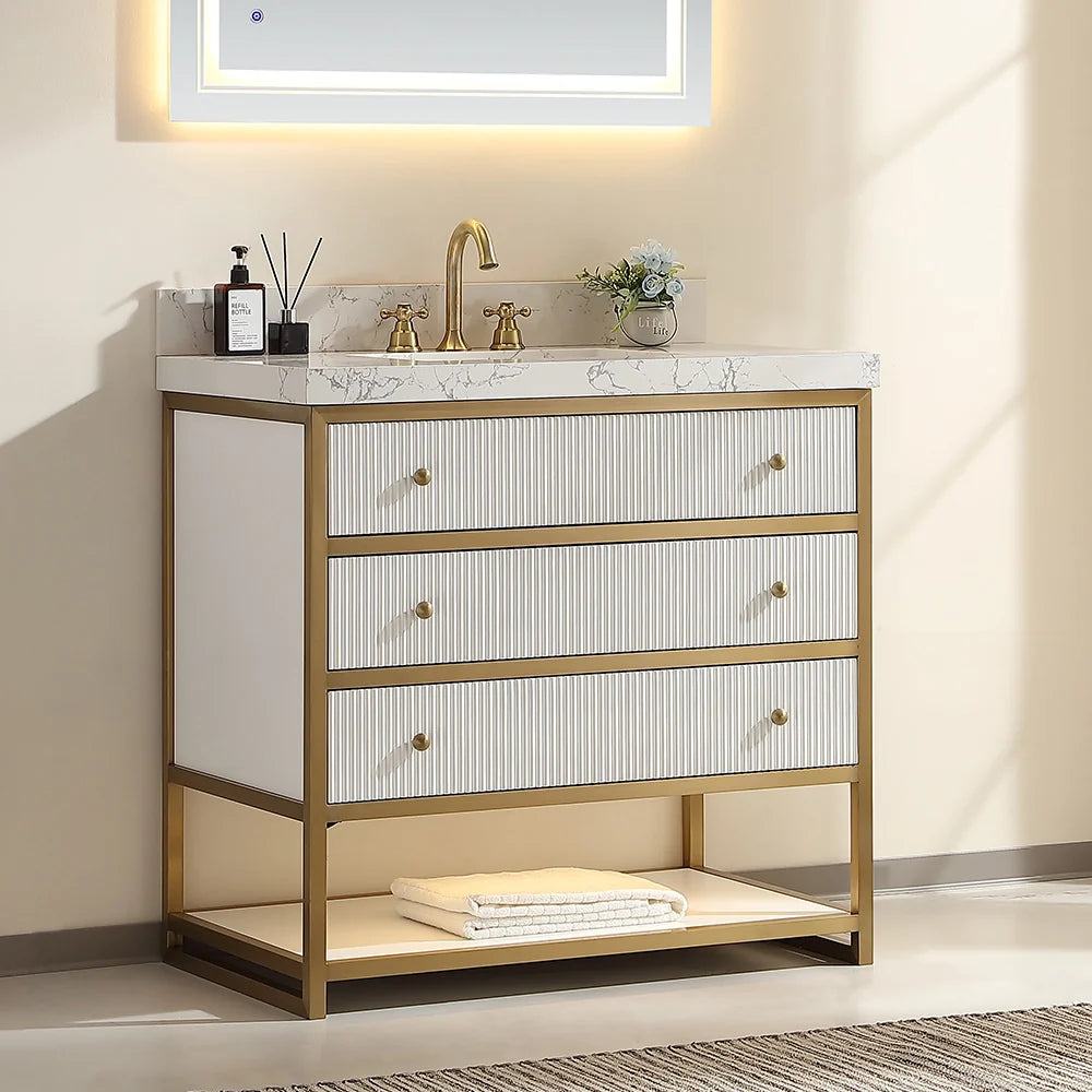 36-In Fluted Solid Wood Luxury Gold Bathroom Vanity, PU Lacquer and Titanium Stainless Steel – Single Sink