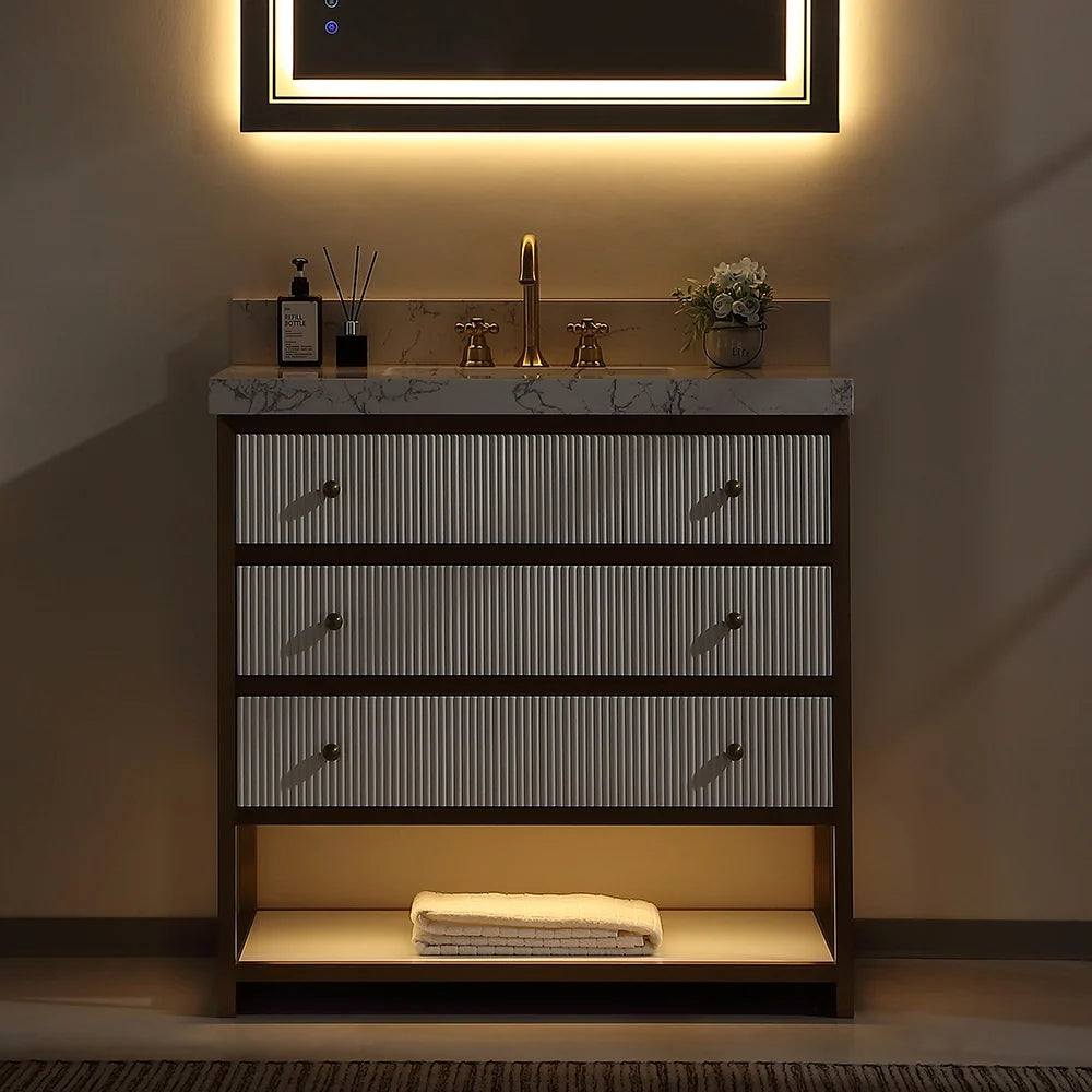 36-In Fluted Solid Wood Luxury Gold Bathroom Vanity, PU Lacquer and Titanium Stainless Steel – Single Sink
