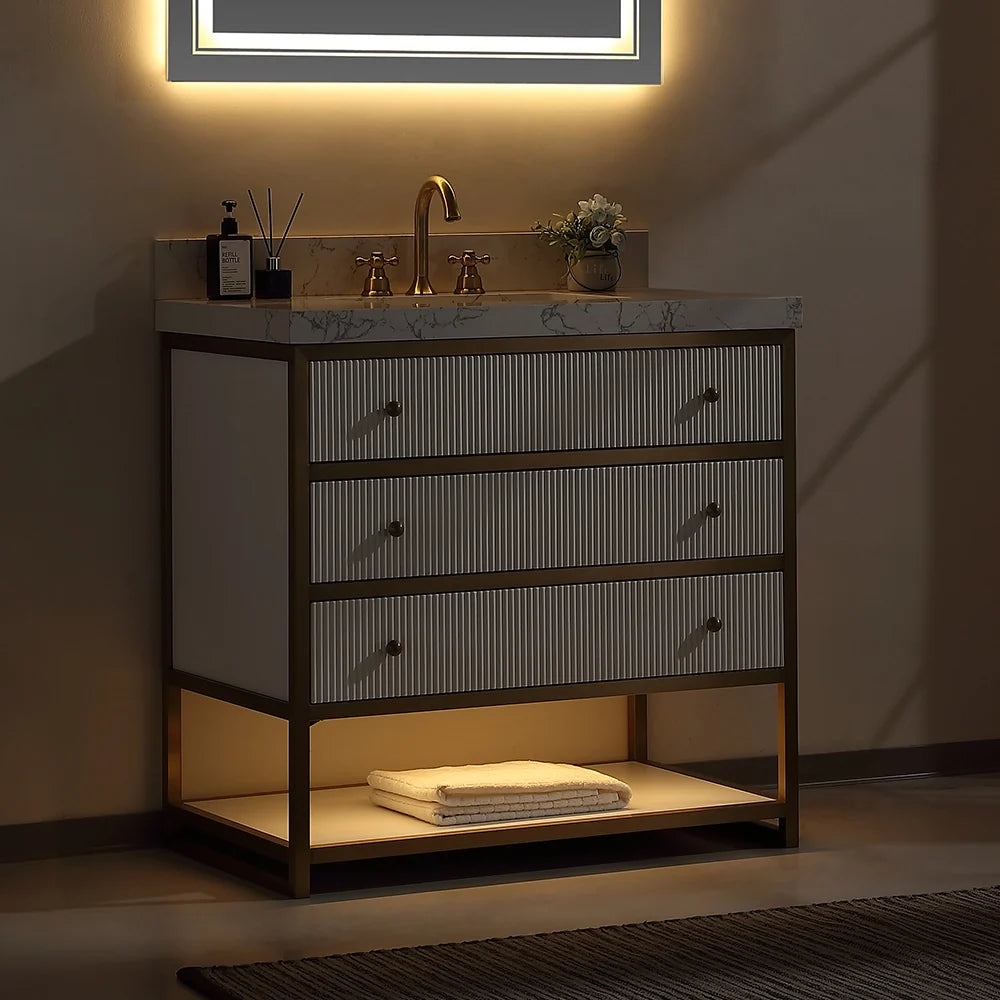 36-In Fluted Solid Wood Luxury Gold Bathroom Vanity, PU Lacquer and Titanium Stainless Steel – Single Sink