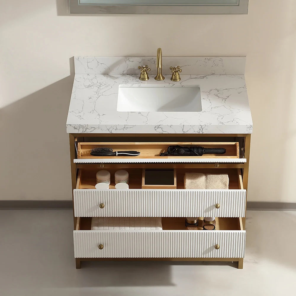 36-In Fluted Solid Wood Luxury Gold Bathroom Vanity, PU Lacquer and Titanium Stainless Steel – Single Sink