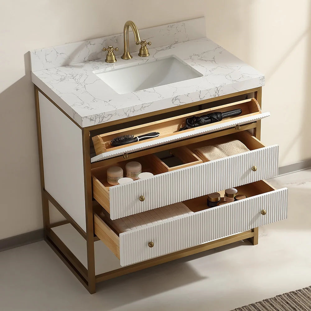 36-In Fluted Solid Wood Luxury Gold Bathroom Vanity, PU Lacquer and Titanium Stainless Steel – Single Sink
