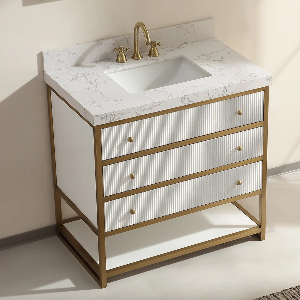 36-In Fluted Solid Wood Luxury Gold Bathroom Vanity, PU Lacquer and Titanium Stainless Steel – Single Sink