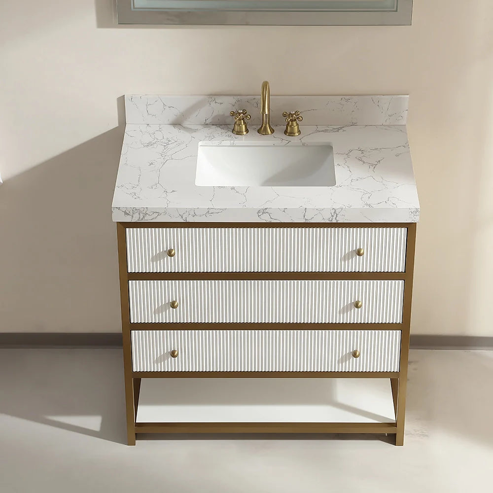 36-In Fluted Solid Wood Luxury Gold Bathroom Vanity, PU Lacquer and Titanium Stainless Steel – Single Sink