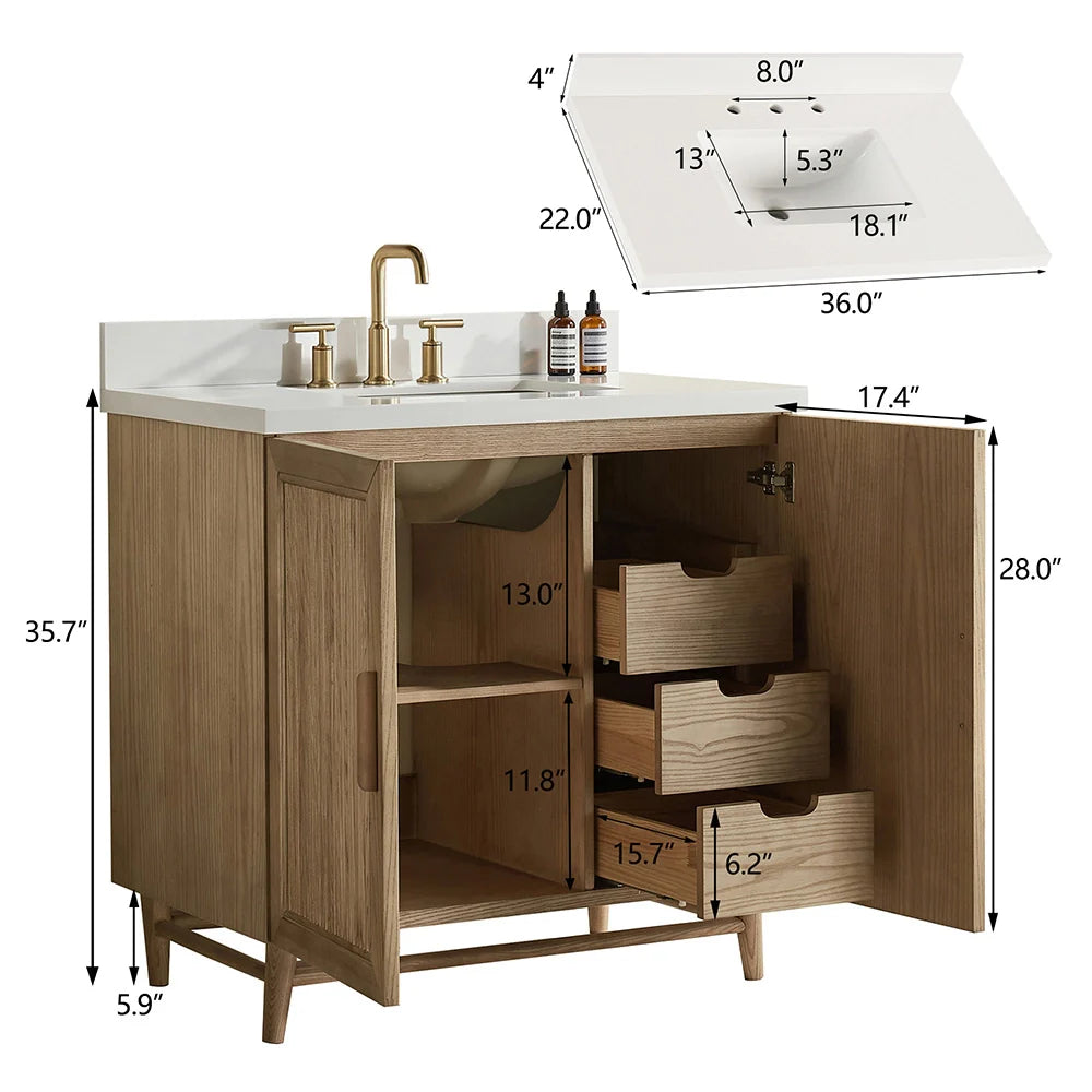 Fully Assembled 36 Inch Light Coffee Freestanding Bathroom Vanity with Single Sink