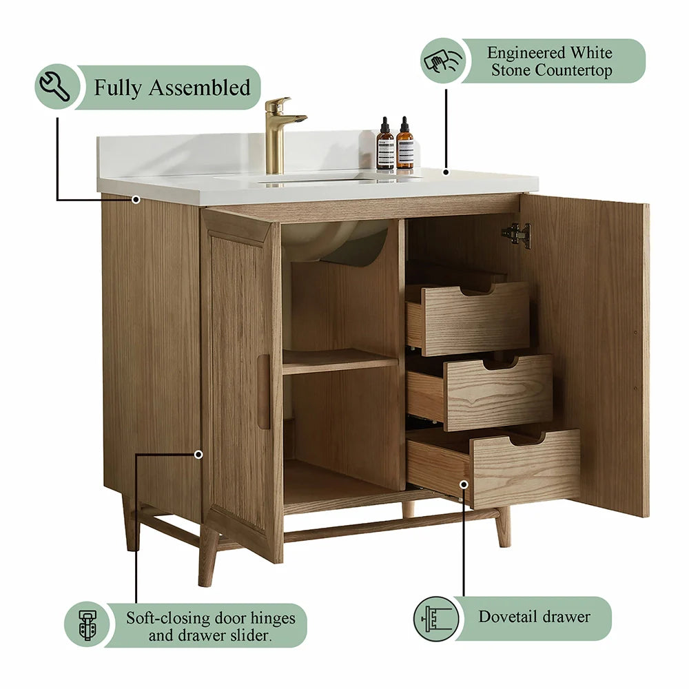 Fully Assembled 36 Inch Light Coffee Freestanding Bathroom Vanity with Single Sink