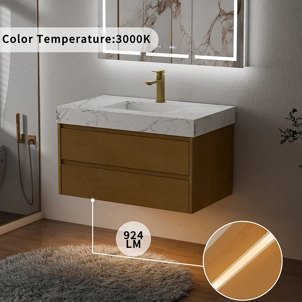 36 Inch Natural Maple Floating Bath Vanity in Brown with Marble Countertop