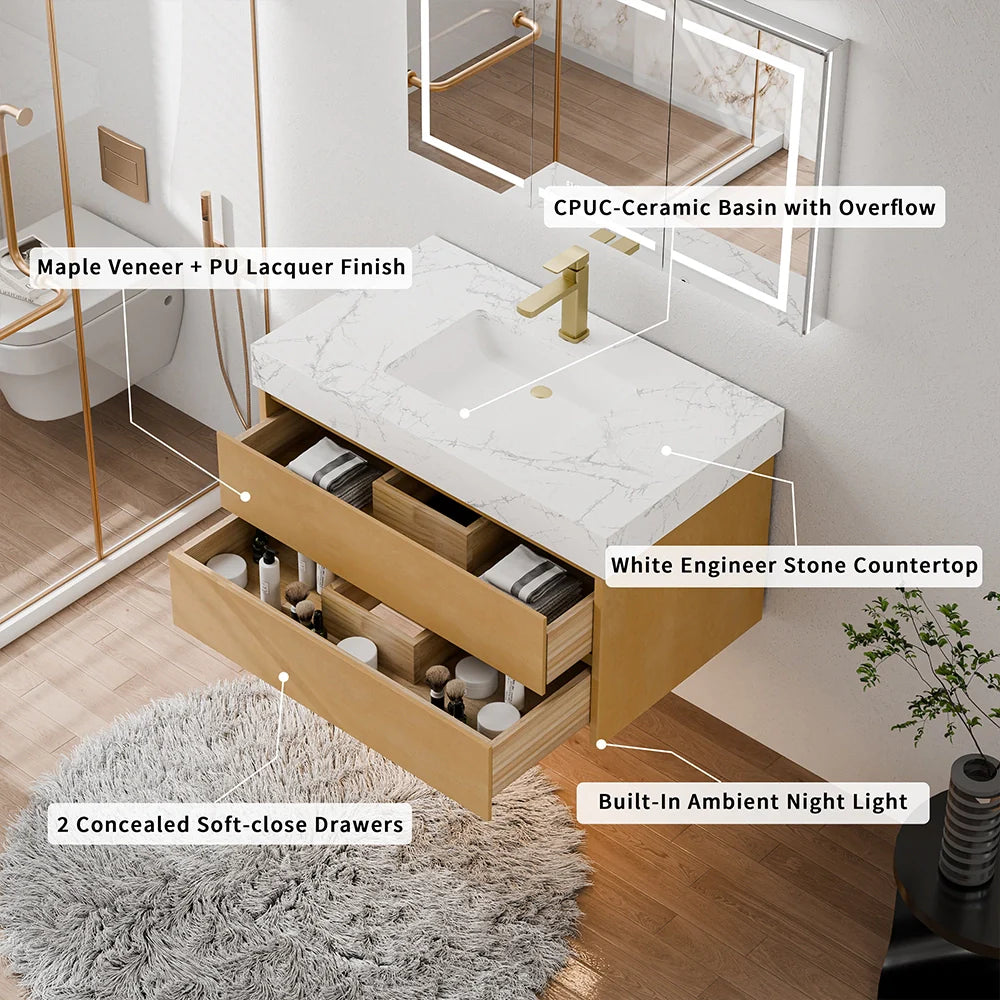 36 Inch Natural Maple Floating Bath Vanity in Brown with Marble Countertop