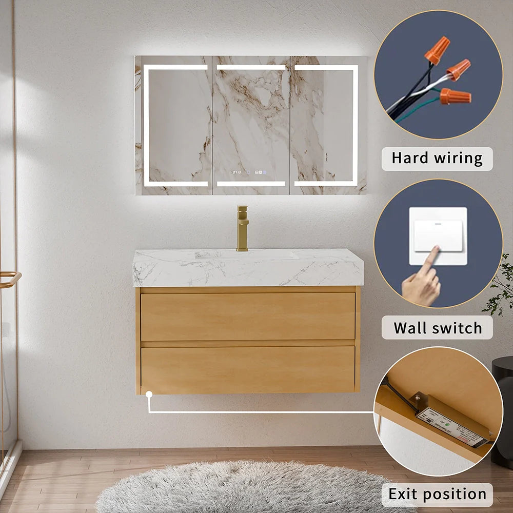 36 Inch Natural Maple Floating Bath Vanity in Brown with Marble Countertop