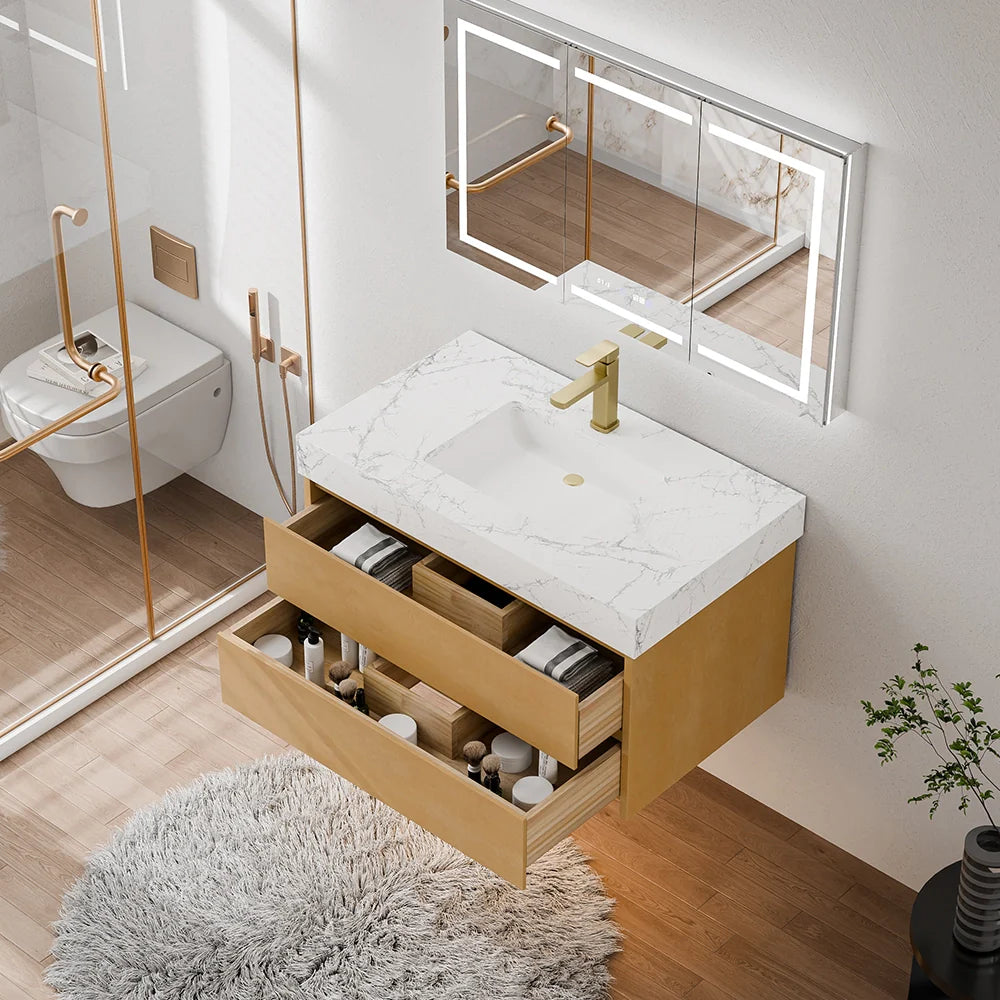 36 Inch Natural Maple Floating Bath Vanity in Brown with Marble Countertop
