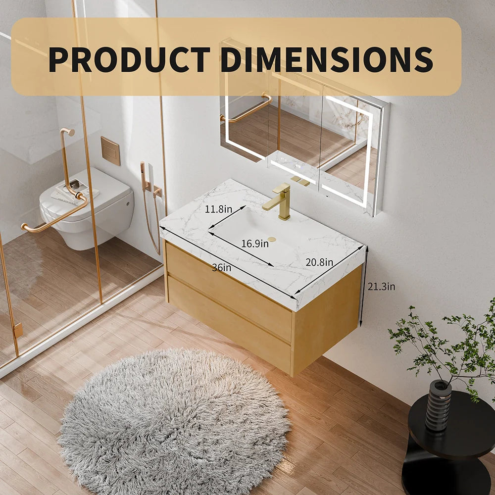 36 Inch Natural Maple Floating Bath Vanity in Brown with Marble Countertop