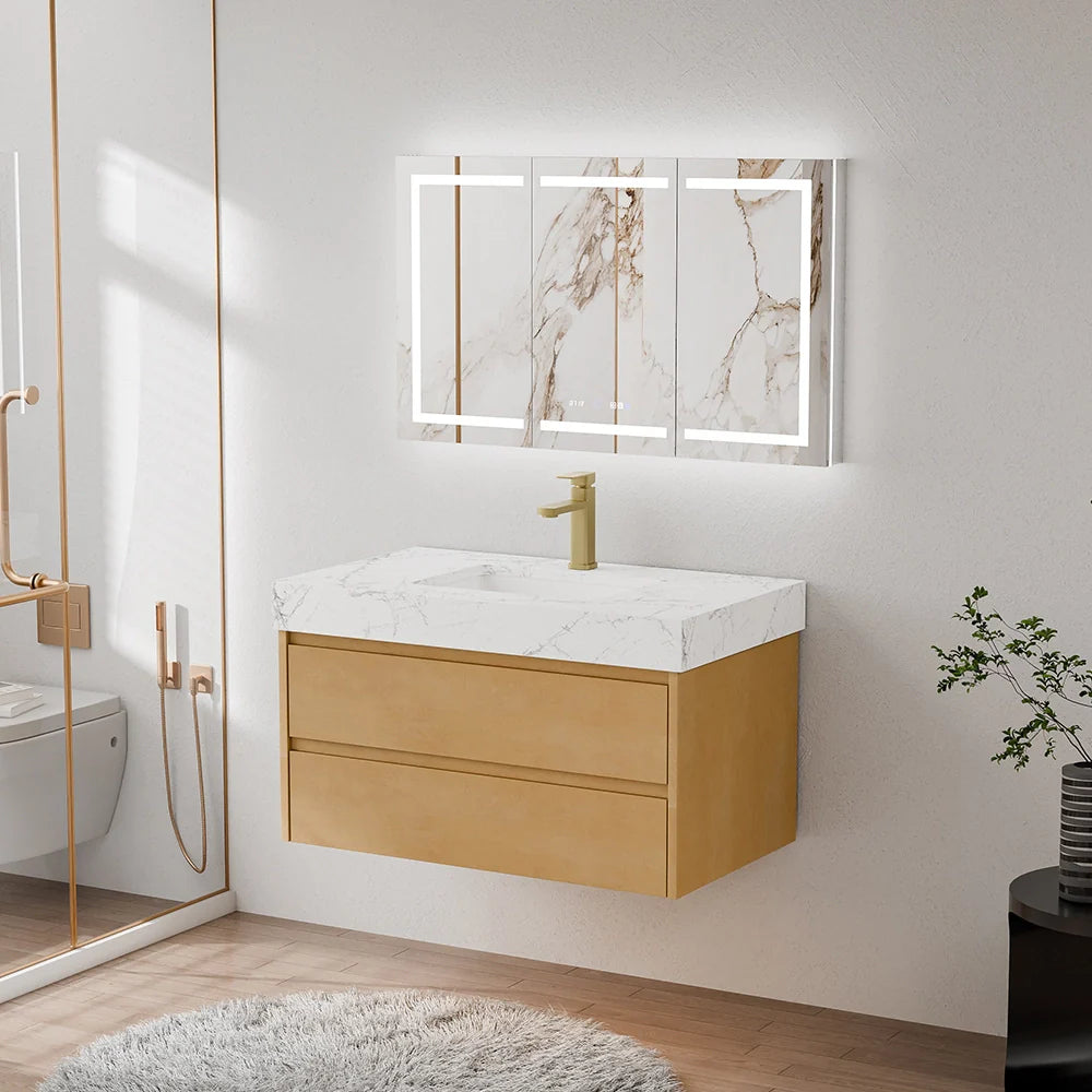 36 Inch Natural Maple Floating Bath Vanity in Brown with Marble Countertop