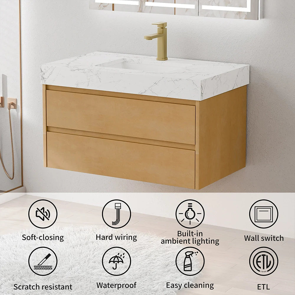 36 Inch Natural Maple Floating Bath Vanity in Brown with Marble Countertop