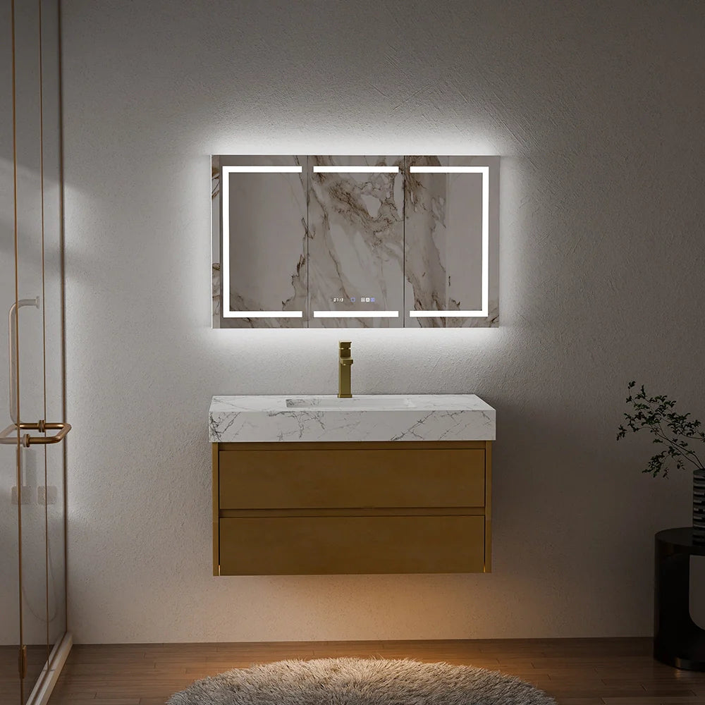 36 Inch Natural Maple Floating Bath Vanity in Brown with Marble Countertop