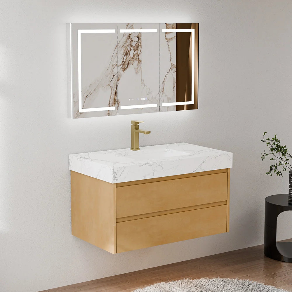 36 Inch Natural Maple Floating Bath Vanity in Brown with Marble Countertop