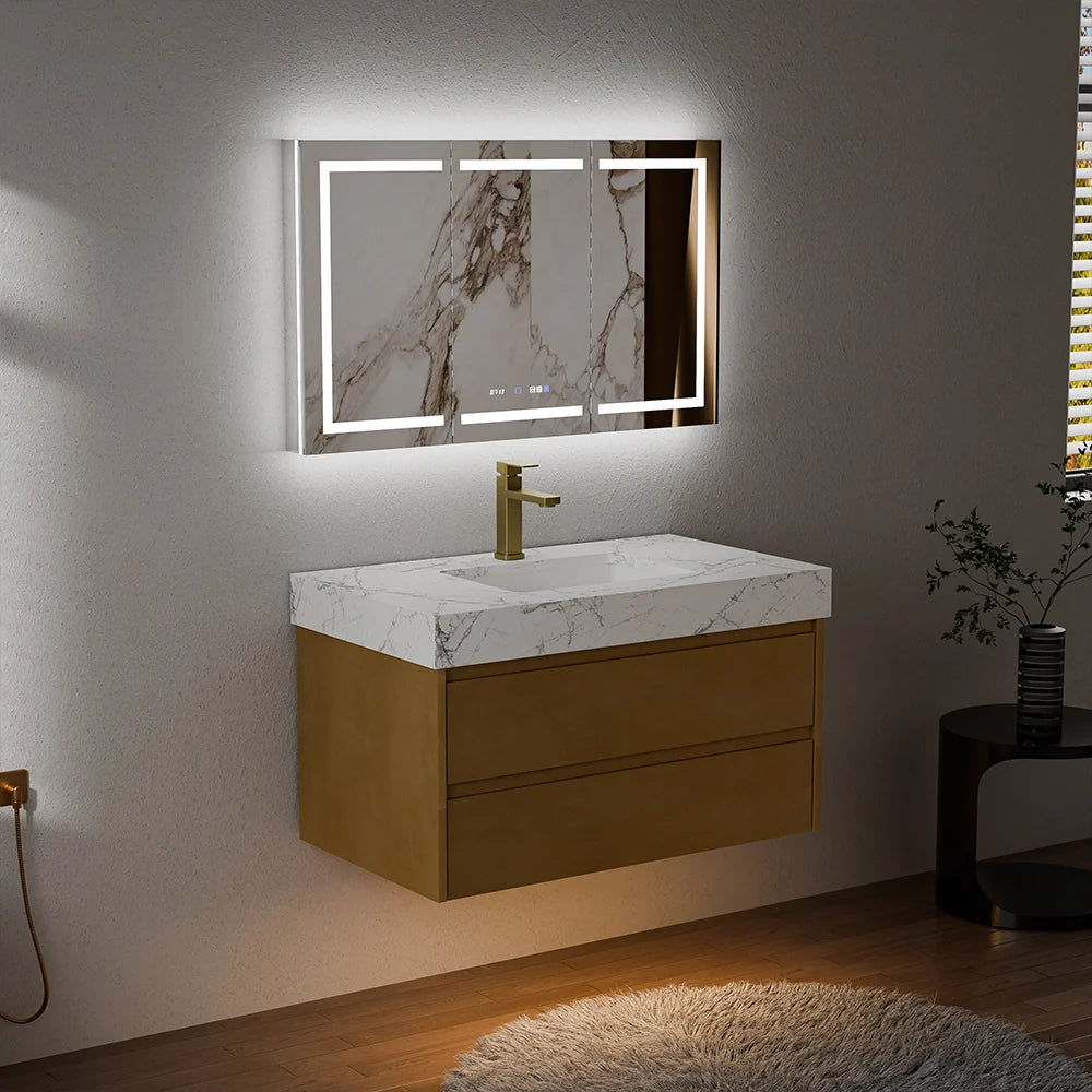 36 Inch Natural Maple Floating Bath Vanity in Brown with Marble Countertop