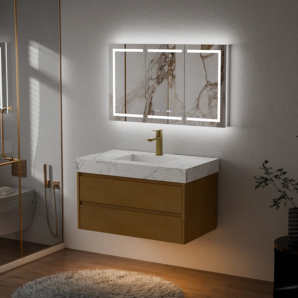 36 Inch Natural Maple Floating Bath Vanity in Brown with Marble Countertop